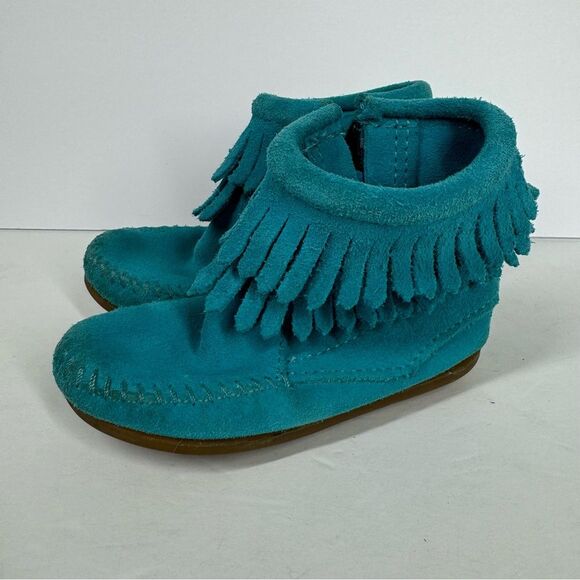 Minnetonka Baby Girl Double Fringe Suede Leather Zip Up Moccasins Booties Teal 8 - Picture 1 of 8